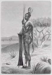 En tatuerad svart Shuli-person med sina vapen, ur «Mänsklighetens historia», band III, av professor Friedrich Ratzel, 1898