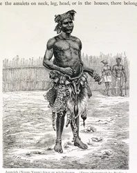 Azandeh (Nyam-Nyam) Binsa eller Witch Doctor, graverad av Jahrmargt, från "The History of Mankind" av Prof. Friedrich Ratzel, pub. 1904 (gravyr)