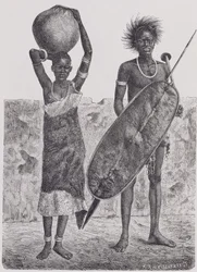Shillook-krigare och flicka, graverad av Jahrmargt, ur "The History of Mankind", Vol.III, av professor Friedrich Ratzel, 1898.