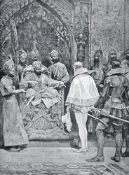 Akbar den store tar emot drottning Elizabeths ambassadör 1599 (litho)