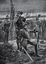 Henrik VII kröns vid Bosworth, illustration ur "Nationens historia"