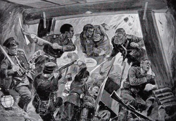 Rysk-japanska kriget: närstrid i jordverken vid Port Arthur, illustration ur "Nationens historia"