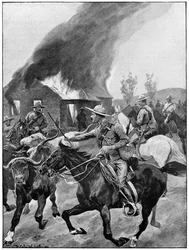 Brittiska kolonialtrupper bränner en rebellisk boers gård. Efter målning av R. Caton Woodville. 2:a boerkriget 1899-1902.