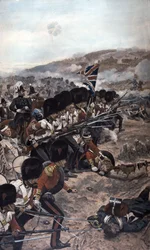 En rad Coldstream Guards med påsatta bajonetter som avancerar under beskjutning mot fienden, Slaget vid Alma, Krimkriget (1854-56), 1896