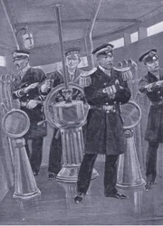 Amiral Togo i Conning Tower på sitt flaggskepp, regisserar en sjöaktion, illustration från Cassells History of the Russian-Japanese War Vol 1, c.1900