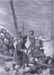Attack on the railway av Chunchuses, illustration från Cassells History of the Russian-Japanese War Vol 1, c.1900