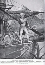 Kapten Cook närmar sig Nya Zeeland, illustration ur "Hutchinson