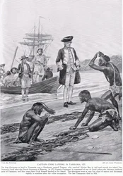Kapten Cook landar i Tasmanien, 1777, illustration från 
