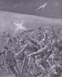 Fångad i taggtrådsförvecklingar: Nattattack av brittiskt infanteri, från History of the Great War Vol 3 publicerad av Waverley Book Co Limited, ca 1920