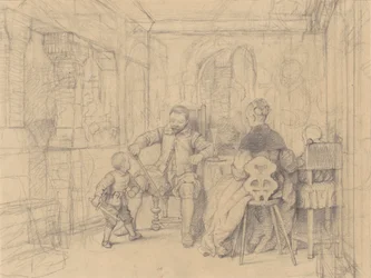 Fäktlektionen, ca 1847-49 (grafit på vävt papper)
