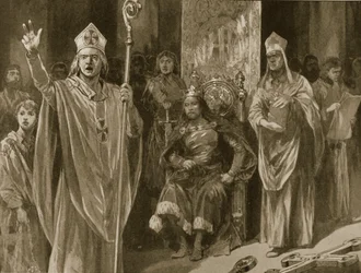 Hubert Walters, ärkebiskop av Canterbury, tal vid Johans kröning på Kristi himmelsfärdsdag, 27 maj 1199, ur "The Illustrated London News", 1902