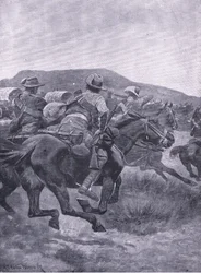 Yeomanry attackerar De Wets rearguard och transport, från After Pretoria: The Guerilla War publicerad av Harmsworth Bros Limited, 1901