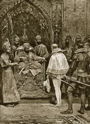 En tidig engelsk ambassad till Indien, 1599, illustration ur "Hutchinsons berättelse om den brittiska nationen", cirka 1923