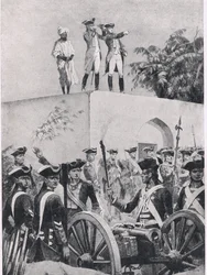 Slaget vid Plassey, 23 juni 1757: Clive på taket av Nawab Surat-ud-Daulahs jaktstuga, illustration från British Battles on Land and Sea, 1915