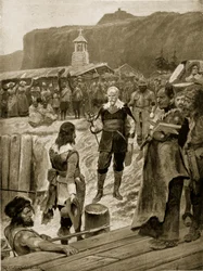 Storbritanniens första fotfäste i Quebec, illustration ur "Hutchinsons historia om den brittiska nationen", ca 1923