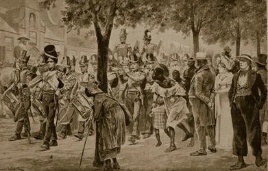 Brittiska styrkor marscherar in i Kapstaden, 1814, illustration från 