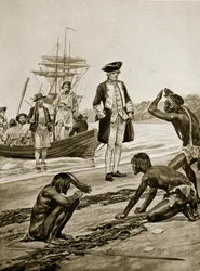 Kapten Cook landar i Tasmanien, 1777, illustration från 