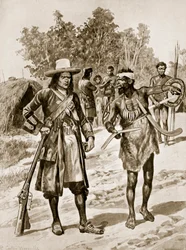 Dampier undersöker en bumerang i Australien, illustration från "Hutchinson