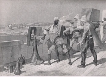 På väg uppför Nilen: Firing at the Dervishes, illustration från British Battles on Land and Sea, 1915
