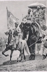 Siraj-ud-Daulah vid Plassey, 23 juni 1757, illustration från brittiska Battles on Land and Sea, 1915