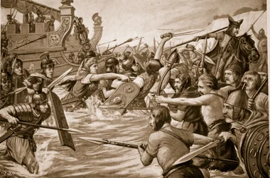 Julius Caesars landstigning, illustration från "Hutchison