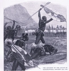 Zuluernas frammarsch vid Isandhlwana 22 januari 1879, illustration från brittiska striderna på land och hav, 1915