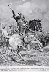 Den första attacken vid Hastings: Taillefer, minstrel svärd-jonglörn red från leden och sjöng och kastade sitt svärd i luften, 1066, illustration från 