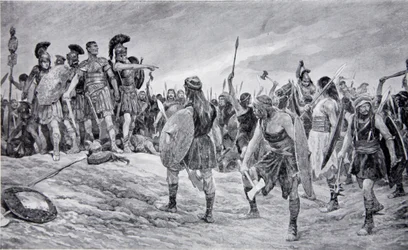 Vespasianus räddad av sin son Titus, illustration från 