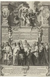 Instelling van de broederschap Militia Angelica av Thomas av Aquino, 1649 Ursprunget till den änglaliga milisen, den gudomlige Thomas av Aquino; under hans himmelska kyskhetsbälte, instiftad (titel på objekt)