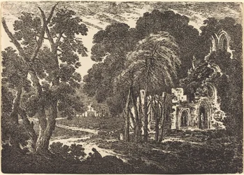 Förstörd Abbey bland träd