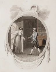 Miss Darnford förmedlar till Mr B nyheten om födelsen av en son, Lett. 18, illustration till en 1802 års upplaga av 