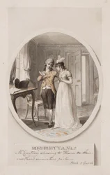 Mr Courtney visar Henrietta sin mors miniatyrbild, bok 5 kapitel 4, illustration till en 1798 års upplaga av "Henrietta" av Charlotte Lennox, ca 1798 (penna och wc på papper)