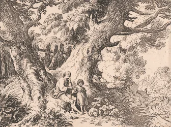 Gamla träd med gammal man, barn och hund