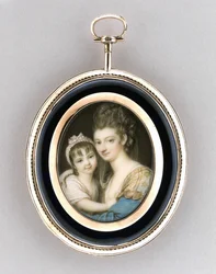 Porträtt av en mor och dotter, ca 1765-70 (akvarell på elfenben, 9 k roséguld, hår och glas)