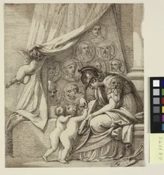 Målningens geni. Minerva instruerar putti i konsten att måla. Design för Pierre Condés etsning, Memorial to Robert Udney Esq.