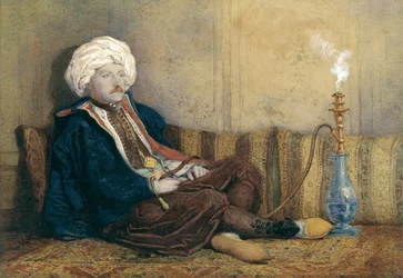 Porträtt av Sir Thomas Philips i östlig kostym, liggande med vattenpipa (wc förhöjd med vitt på papper)