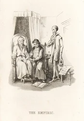Dödens skelett och kvacksalvaredoktorn. ,1827 (gravyr)