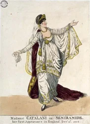 Madame Catalani i "Semiramide", hennes första framträdande i England, 13 december 1806 (färgad etsning)