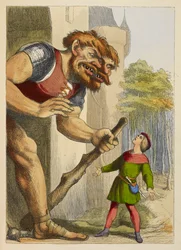 Jack tittar upp på en jätte som har två huvuden. Jätten är walesisk. Färgillustration i en barnbok.