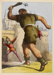 Jack redo att slåss mot en jätte utanför ett slott. Färgillustration i en barnbok.