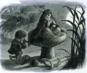 En vattenälva som sitter på en svamp uppvaktas av en älskare. I ""World of Fairies"" av Richard Doyle