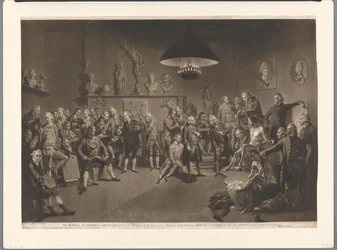 Medlemmar av Royal Academy i interiör med naken manlig modell, 1768 Kungliga Konsthögskolan, instiftad av kungen, år 1768 (titel på föremålet)