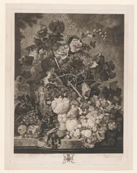 Stilleben av frukt och blommor