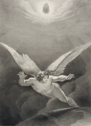 Satan hoppar över himlens väggar, från en fransk utgåva av "Paradise Lost" av John Milton (1608-74), graverad av Nyon, publicerad 1868.