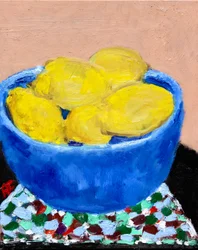 Stilleben med citroner i en blå skål, 2021 (olja på duk)