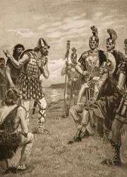 Agricola tar emot en irländsk kung, illustration ur ”Nationens historia”