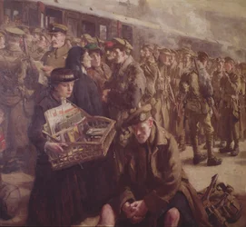 Återvända till fronten: Victoria Railway Station 1917 (olja på duk) (detalj av 237394)