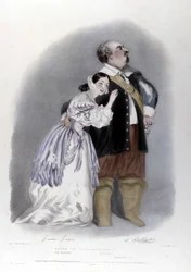 Giulia Grisi och Luigi Lablache i 3:e akten av Puritanerna av Vincenzo Bellini. Litografi av R. J. Lane. 1835