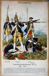Preussiska grenadjärvakter och officerare 1745, ca 1890 (färg litho)