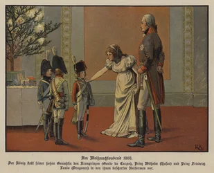 Kung Fredrik William III och drottning Louise av Preussen med kronprins Fredrik William, prins William och prins Fredrik Louis klädda i militäruniformer, julafton